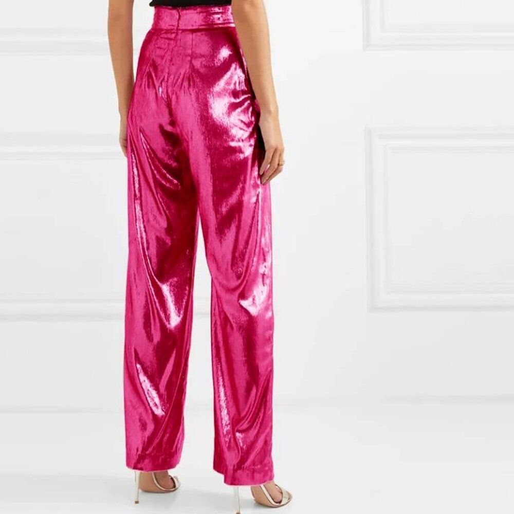 Michael Lo Sordo Marina Metallic Velvet Wide Leg Pant in Bright Hot Pink
